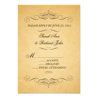 Rustic Wedding RSVP Cards with Vintage Paper and Swirls by MonogramGallery.ca