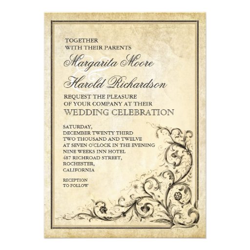 Vintage wedding invitation with flourish swirls