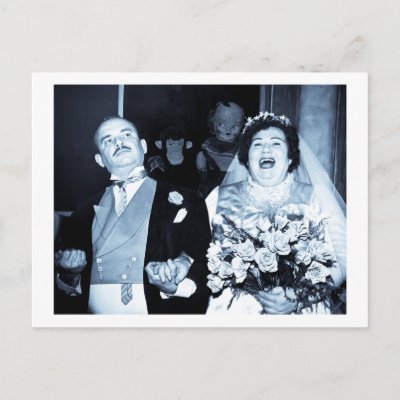 Vintage wedding picture of an estatic bride and her daper groom