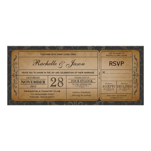 Vintage Wedding Ticket  Invitation with RSVP 3.0