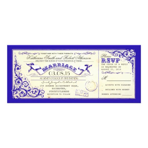 vintage wedding tickets & blue elegant flourishes announcement