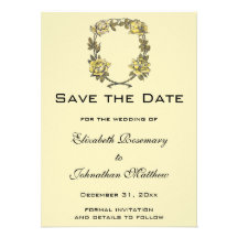 Vintage Wedding, Yellow Antique Garden Rose Wreath Invite