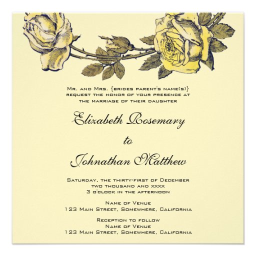 Vintage Wedding, Yellow Antique Garden Rose Wreath Personalized Invites