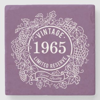 Vintage White Grapevine Wine Stamp, Add Birth Year Stone Coaster