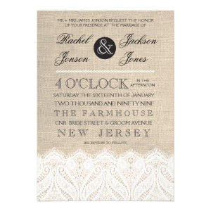 Vintage White Lace & Burlap Wedding Invitation