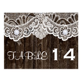 Vintage white lace, old wood wedding table number postcards