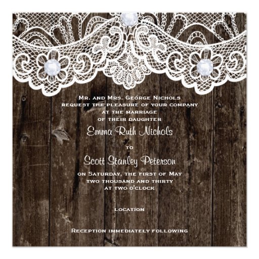 Vintage white lace on old wood wedding invitation