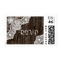 Vintage white lace on wood wedding RSVP Postage Stamps