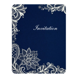 vintage white lace pattern navy blue wedding 4.25x5.5 paper invitation card