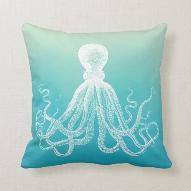 Vintage White Octopus Aqua Blue Ombre Watercolor Pillows