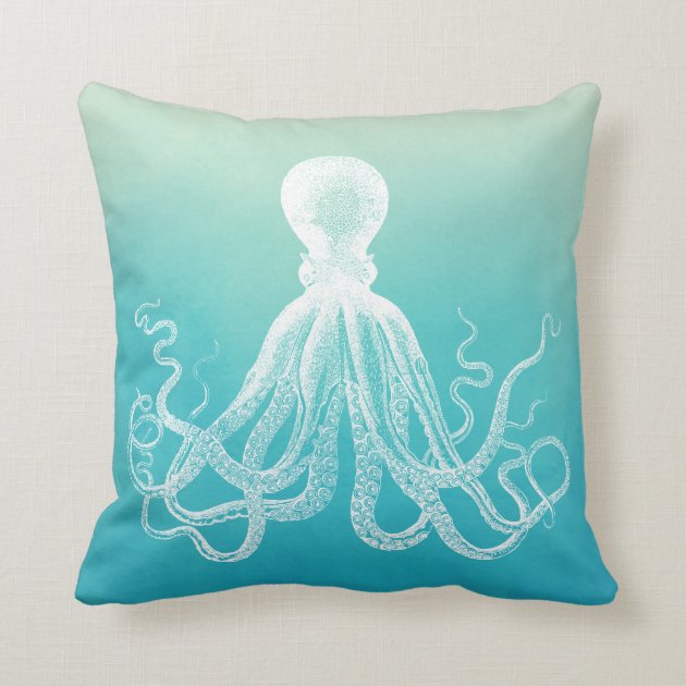 Vintage White Octopus Aqua Blue Ombre Watercolor Pillows