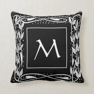Vintage White on Black Leafy Vine Monogram Throw Pillow