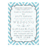 Vintage White & Sky Blue Chevron Stripes Wedding Invite