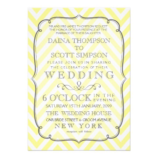 Vintage White & Yellow Chevron Stripes Wedding Personalized Invites