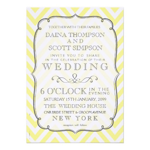 Vintage White & Yellow Chevron Stripes Wedding Invite
