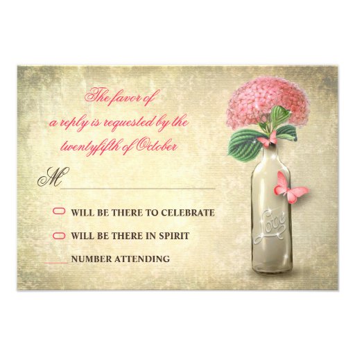 vintage wine bottle & pink flowers wedding rsvp custom invite