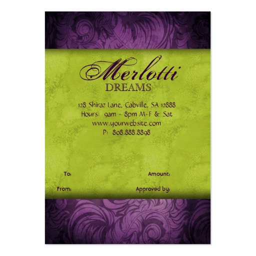 Vintage Wine Gift Card Certificate Leaves Lime Pur Business Card Template (back side)