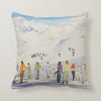 Vintage winter sports, skiers on the pistes throw pillows