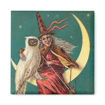 Vintage Witch and Owl Square Magnet