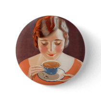 Vintage Woman Drinking Tea Painting Ad Pinback Button