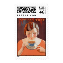 Vintage Woman Drinking Tea Painting Ad Postage Stamp