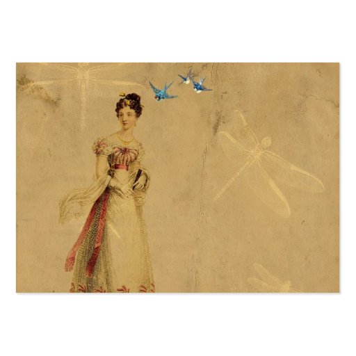 Vintage Woman with Birds and Dragonflies Business Card (back side)