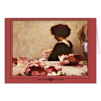 Vintage Woman with Pink and Red Roses Greeting Card