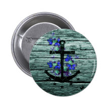 Vintage Wood & Black Anchor With Blue Butterflies Pinback Buttons