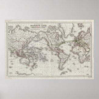 Vintage World Telegraph Lines Map (1855) Posters