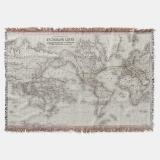 Vintage World Telegraph Lines Map (1855) Throw Blanket