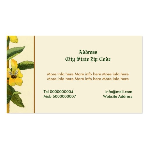 Vintage yellow jasmine flowers custom floral business card template (back side)