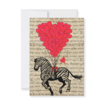 Vintage zebra and heart balloons personalized announcement