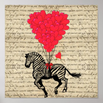 Vintage zebra and heart balloons poster