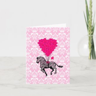 Vintage zebra & pink  heart balloons card