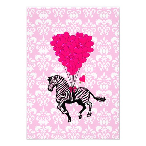 Vintage zebra & pink  heart balloons invite (front side)