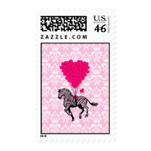 Vintage zebra & pink  heart balloons postage stamp
