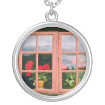 Violet Geraniums In The Window Of A Traditional Ho Custom Necklace