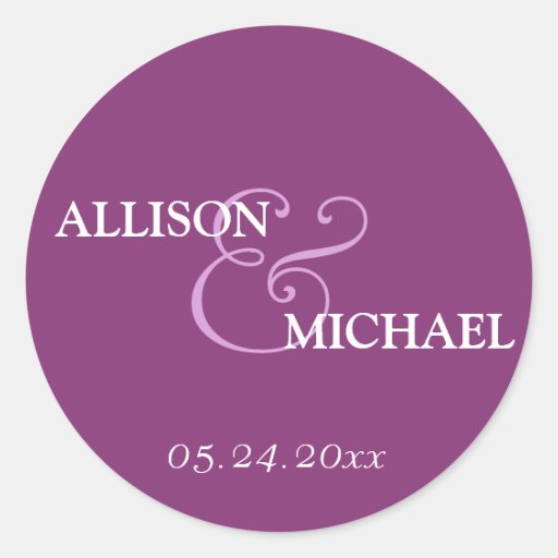 Violet purple custom ampersand wedding favor label round sticker
