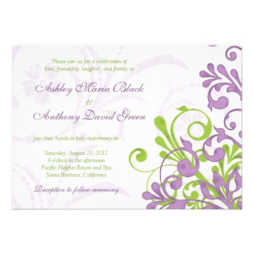 Violet Purple Lime Green Floral Wedding Invitation
