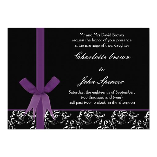 violet satin bow wedding invitation