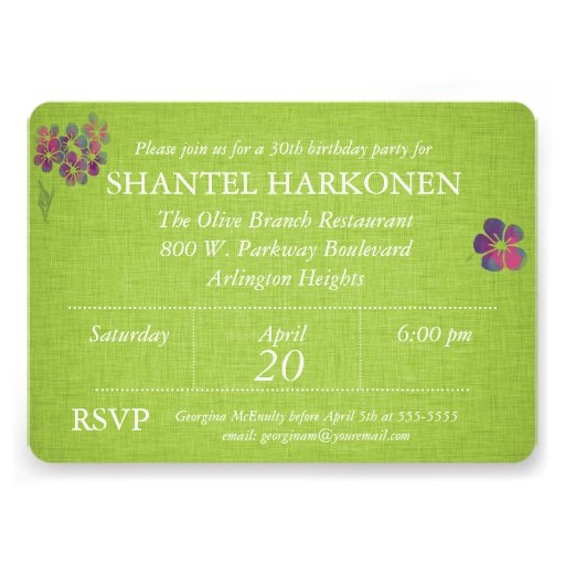 Violets on Green Linen Custom Birthday Invite