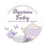 violets tea cup teapot gift tag sticker, Happin...