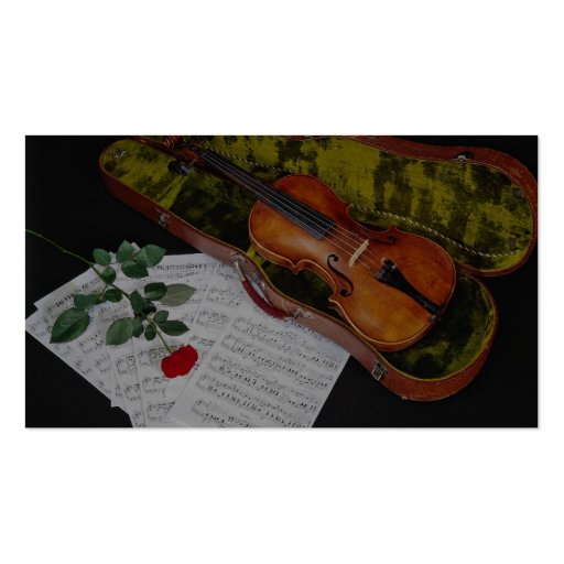 Violin and red rose on black background business card templates (back side)