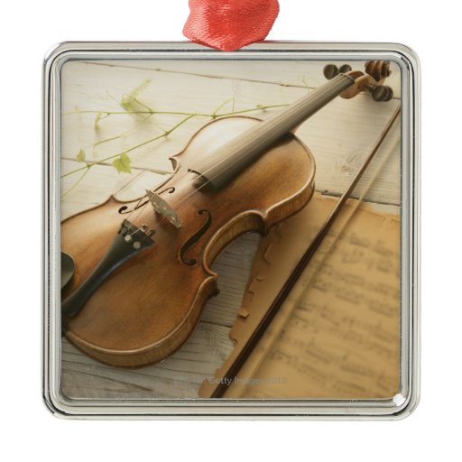 Violin and Sheet Music Square Metal Christmas Ornament | Zazzle