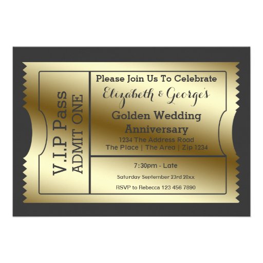 VIP Pass Golden Wedding Anniversary Ticket Invitations