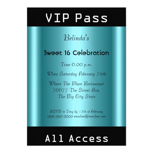 VIP pass Sweet 16 Birthday Party Black Teal Custom Invitation