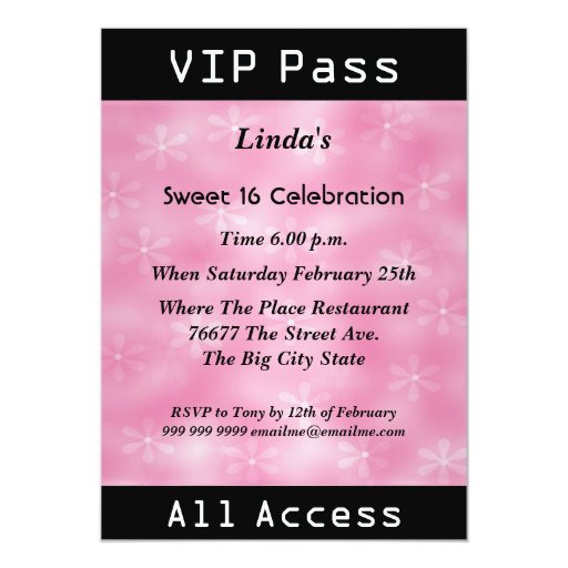 vip-pass-sweet-16-birthday-party-pink-5x7-paper-invitation-card-zazzle