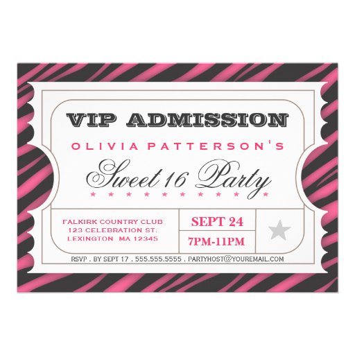 VIP Ticket Zebra Glam Sweet 16 Birthday Party Custom Invitation