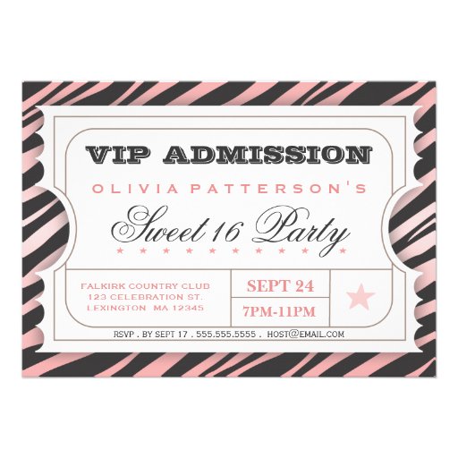VIP Ticket Zebra Glam Sweet 16 Birthday Party Pink Personalized Announcement