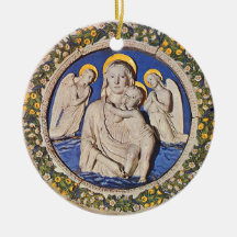 VIRGIN WITH CHILD AND ANGELS  Round Blue Sapphire Christmas Tree Ornament